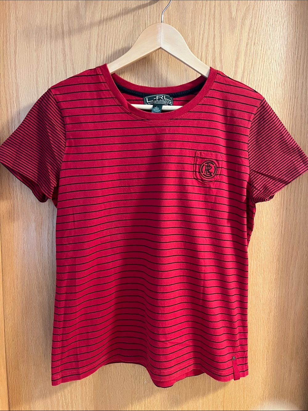 Lauren Ralph Lauren Red Tee with Black Pinstripes and Chest Crest